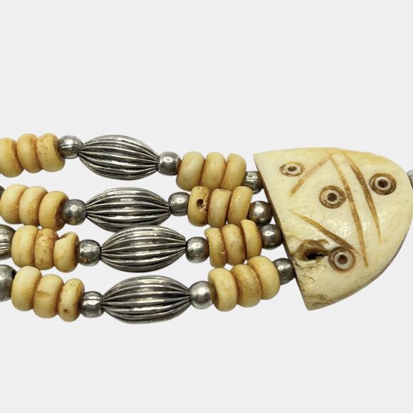 Vintage Carved Bracelet Flower Tile Beaded Handmade India Artisan Boho Hippie - Picture 8 of 11